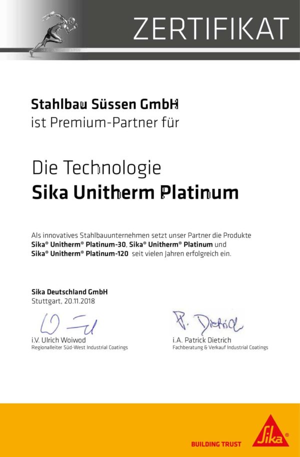 Zertifikat für Brandschutzbeschichtung “Sika Unitherm Platinum”
